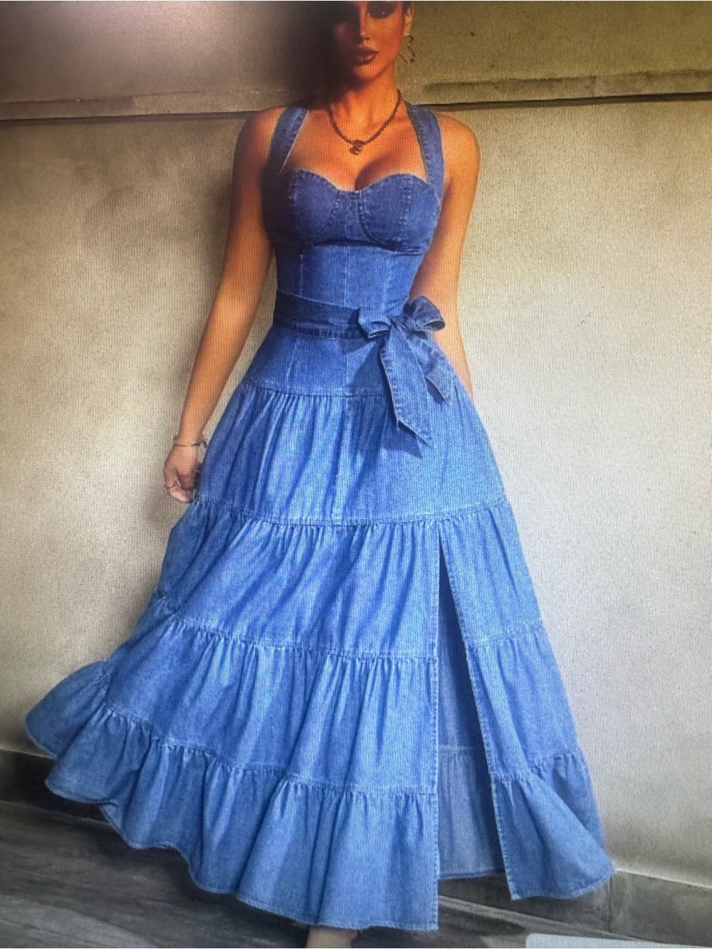 Blue Denim Halter Maxi Dress with Waist Tie